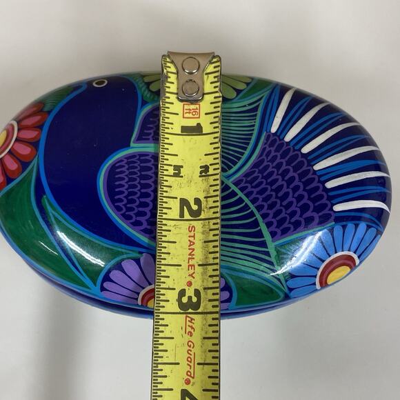 Mexican Folk Art Pottery Oval Trinket Box Hand Painted Blue Bird Flowers - Picture 8 of 10